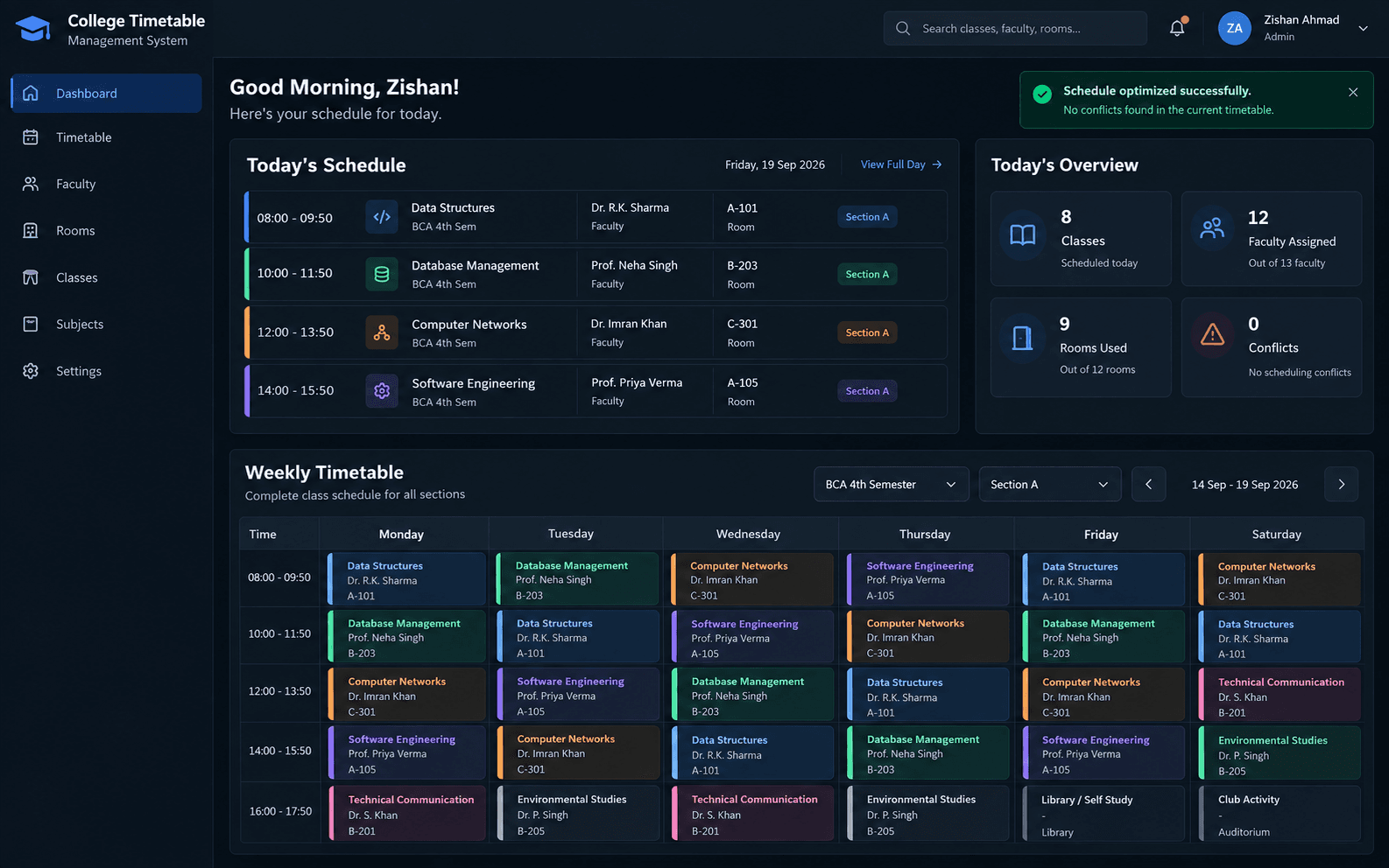 College Timetable Management System dashboard — today's schedule, overview stats, and a weekly timetable grid