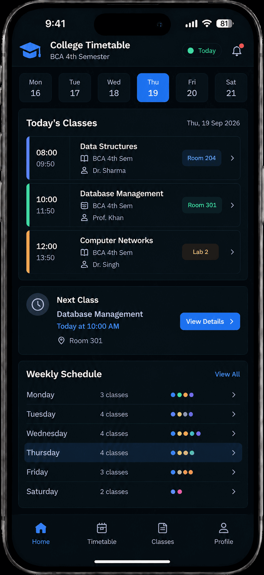 College Timetable Management System on mobile — today's classes and a weekly schedule summary