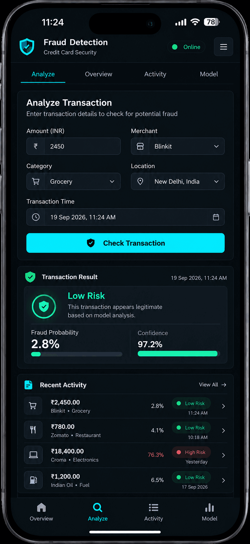 Credit Card Fraud Detection on mobile — a low-risk transaction result with recent activity