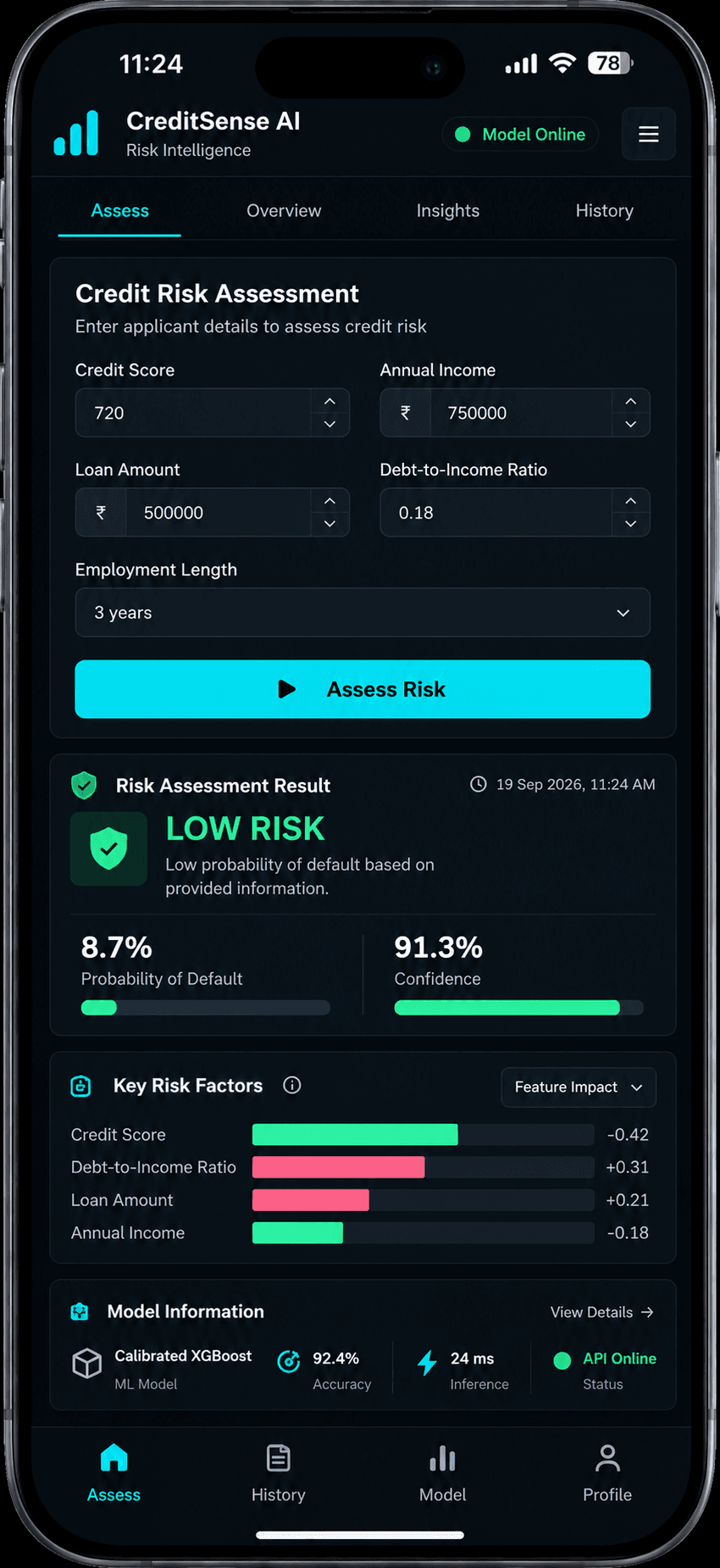 CreditSense AI on mobile — a low-risk credit assessment with key risk factors