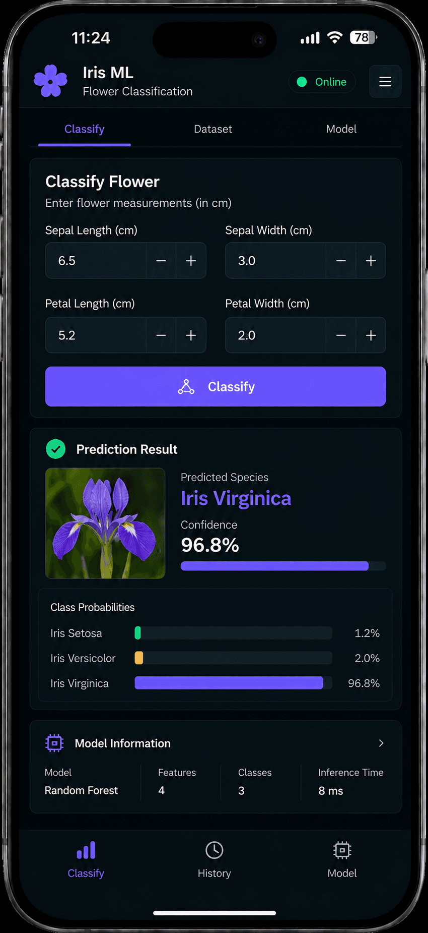 Iris Flower Classification on mobile — flower measurements classified with per-species probabilities