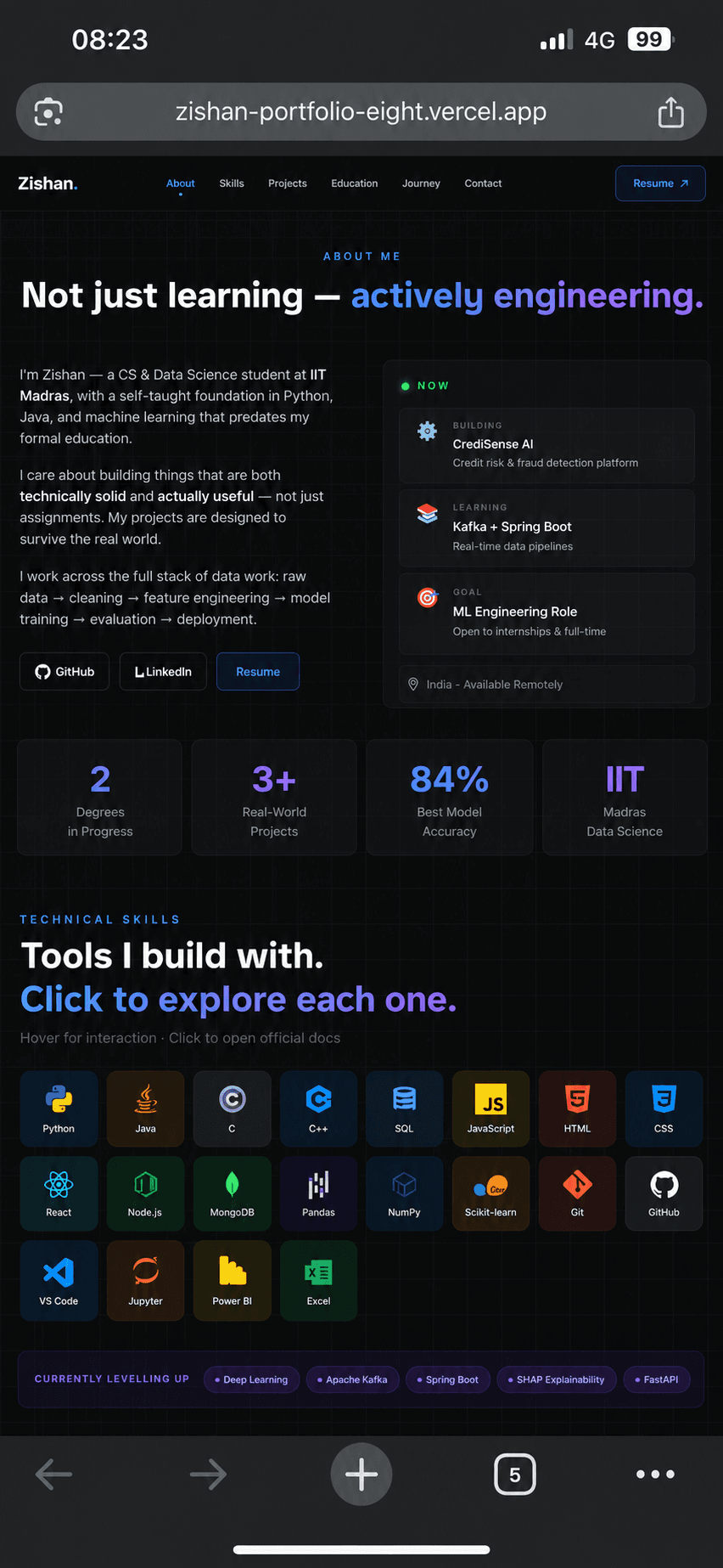 Old Portfolio on mobile — the About section and an interactive technology skills grid