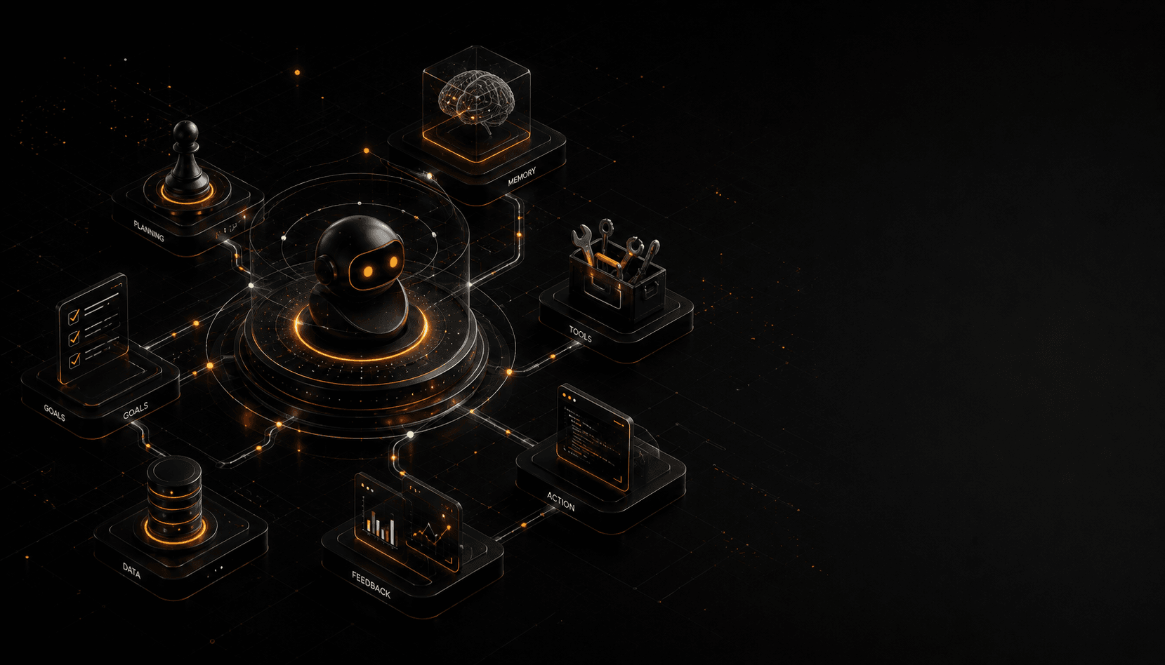 A 3D diagram of an AI agent: a central robot on a glowing platform wired in a loop to its labelled capabilities — Planning, Memory, Tools, Action, Feedback, Data, and Goals — the model-in-a-loop-with-tools shape the article describes.