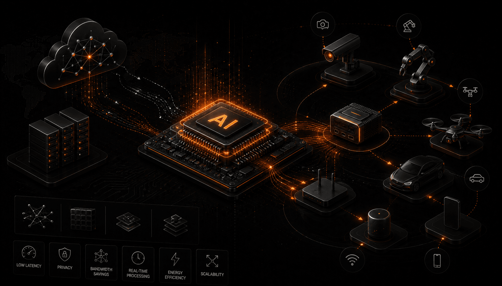 A landscape of AI hardware: a data-centre GPU and a tensor accelerator on one side, and a small edge device with an on-chip neural processing unit on the other, connected by the flow of models from cloud to edge.