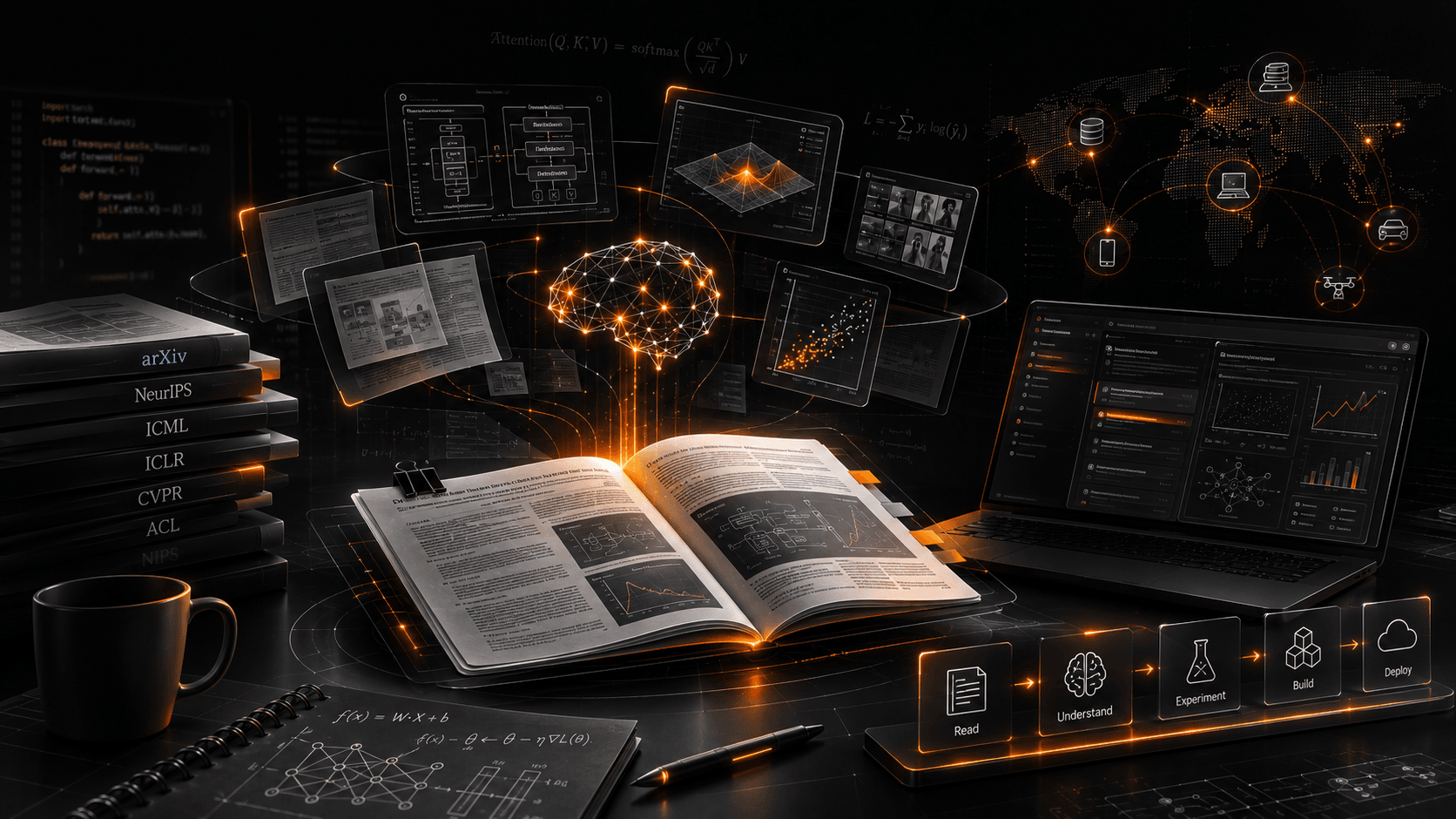 A research paper with its abstract, figures, and references highlighted, illustrating a structured three-pass approach to reading rather than reading linearly from start to finish.