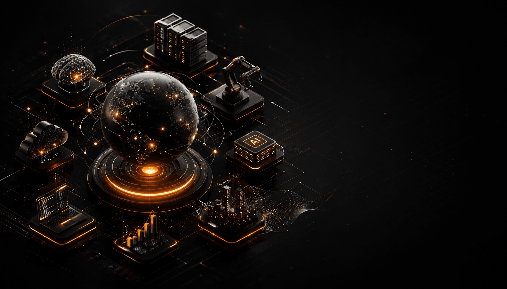 An isometric map of the modern AI technology landscape: a connected globe ringed by a neural-network brain, server racks, a robotic arm, an AI accelerator chip, cloud infrastructure, a developer laptop, and analytics dashboards.