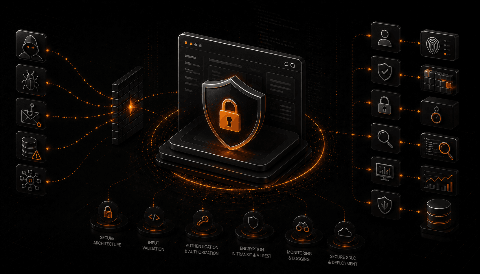 A layered application-security shield showing defensive controls stacked together: input validation, authentication and access control, encryption, dependency scanning, and logging and monitoring.