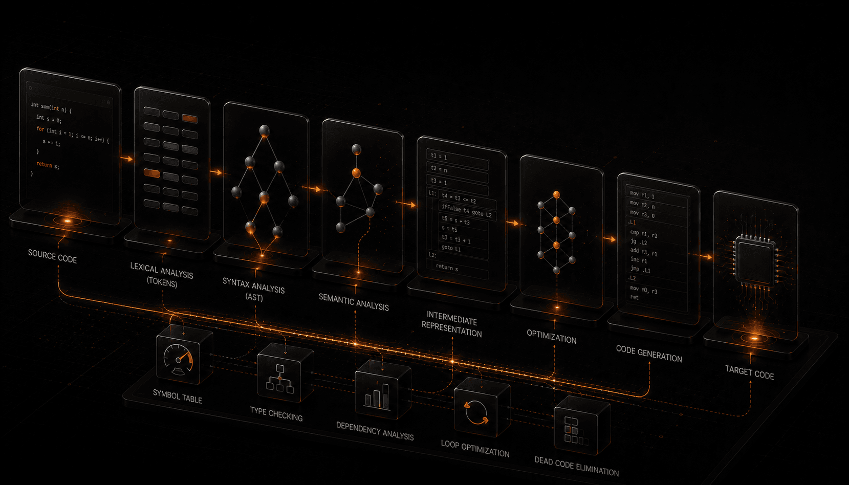 The compiler pipeline: source code flowing through a lexer into tokens, a parser into an abstract syntax tree, semantic analysis, an intermediate representation, an optimizer, and a code generator producing machine code.