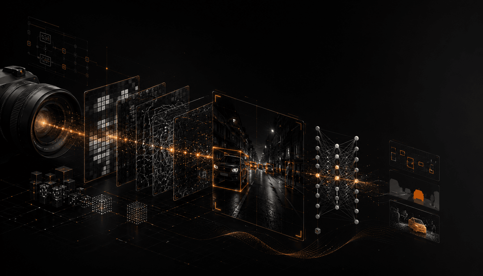 A camera viewing a night street scene through translucent feature-detection planes, with a neural network turning the image into labelled bounding boxes and coloured segmentation masks.