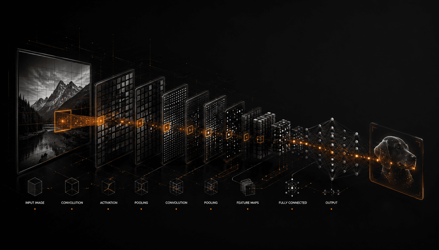 A convolutional neural network diagram: an input image passing through stacked convolution and pooling layers, feature maps growing deeper and smaller, ending in a classifier that outputs a label.