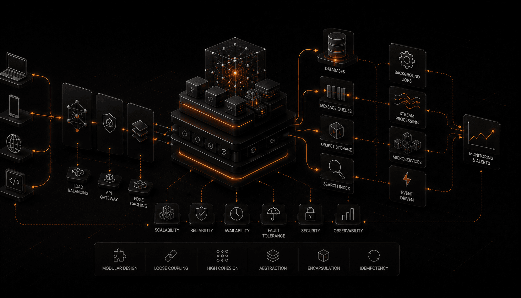 A distributed system diagram: a load balancer fanning requests to replicated application servers, a cache layer, and a partitioned, replicated database, with redundancy at every tier.