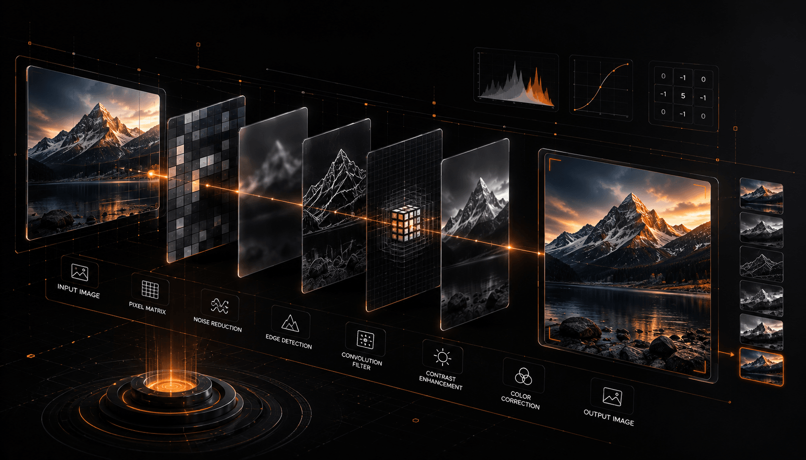 A grid of classical image-processing operations applied to one photo: brightness and contrast adjustment, a blur, an edge-detection result, a threshold into black and white, and a morphological clean-up.
