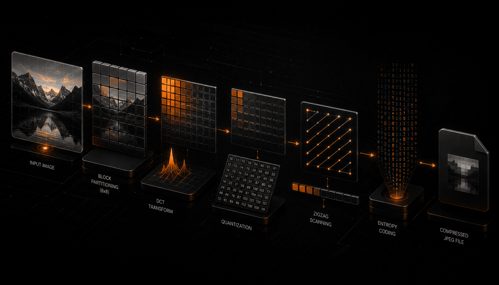 The JPEG pipeline visualised: a photo split into 8x8 blocks, transformed into frequency coefficients, most of them zeroed out by quantization, then packed into a compact bitstream.