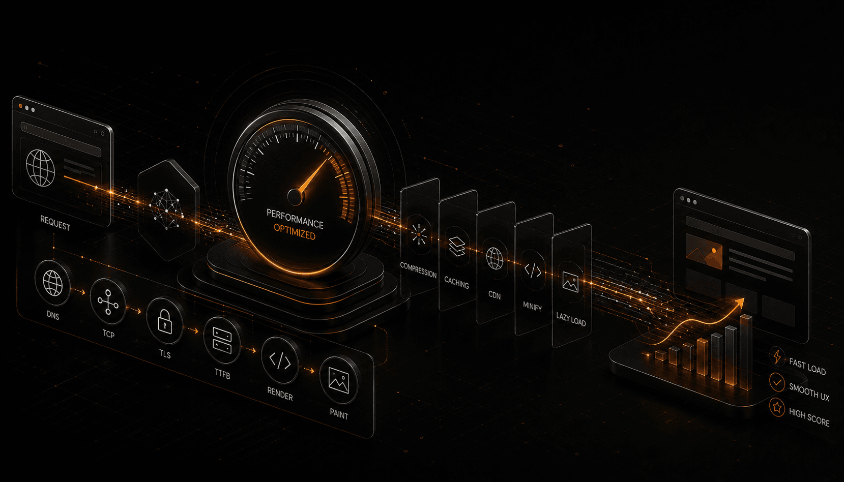 A web-performance dashboard: a page-load waterfall of network requests, a rendering timeline, and the three Core Web Vitals gauges for loading, interactivity, and visual stability.