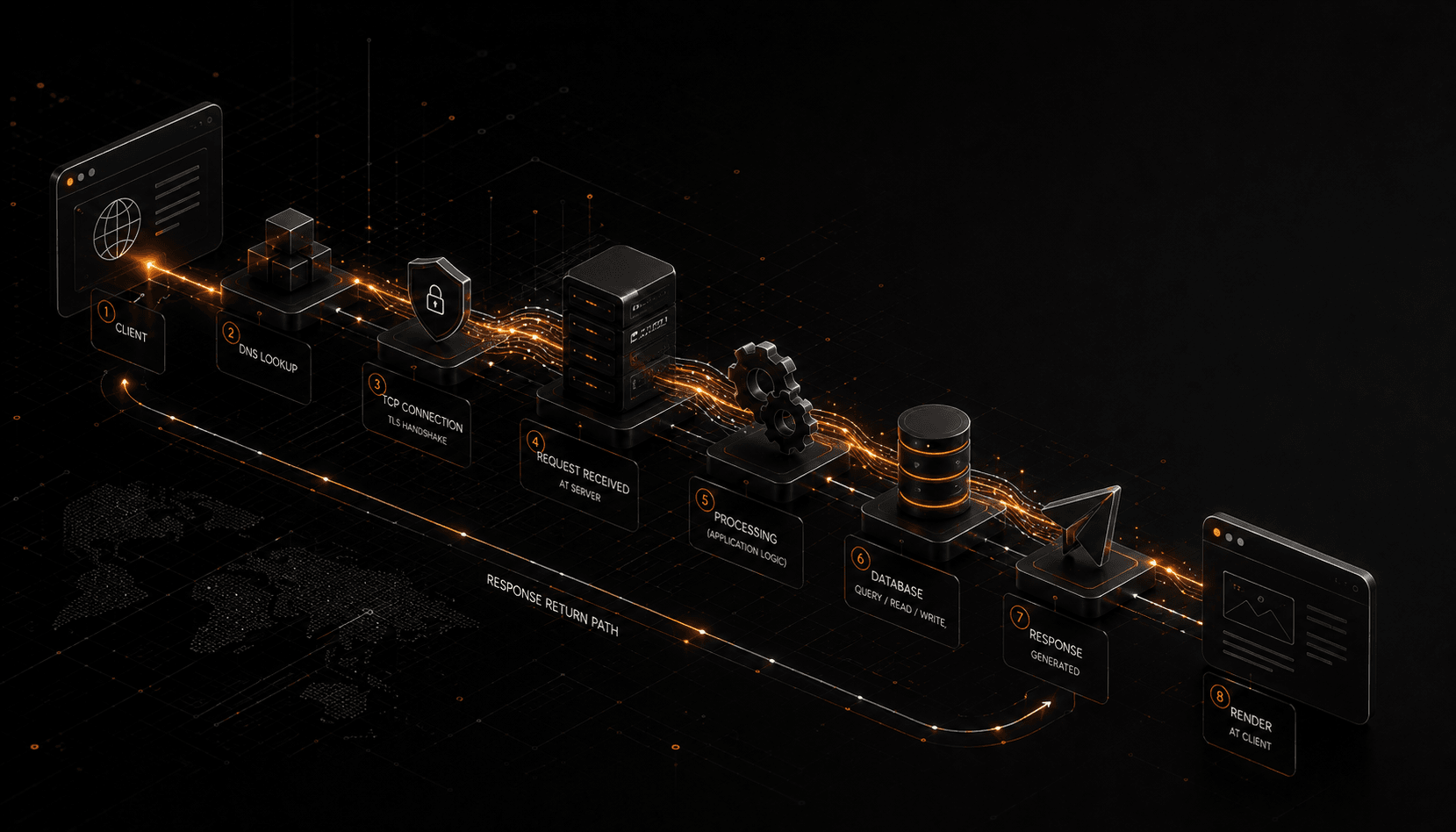 The lifecycle of a web request: a browser resolving a domain through DNS, opening a TCP and TLS connection to a server, exchanging an HTTP request and response, and rendering the returned HTML into pixels.
