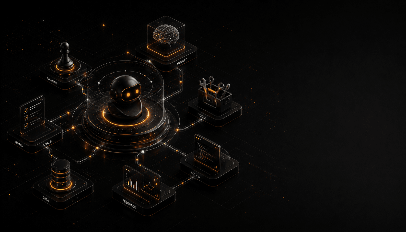 A 3D diagram of an AI agent: a central robot on a glowing platform wired in a loop to its labelled capabilities — Planning, Memory, Tools, Action, Feedback, Data, and Goals — the model-in-a-loop-with-tools shape the article describes.