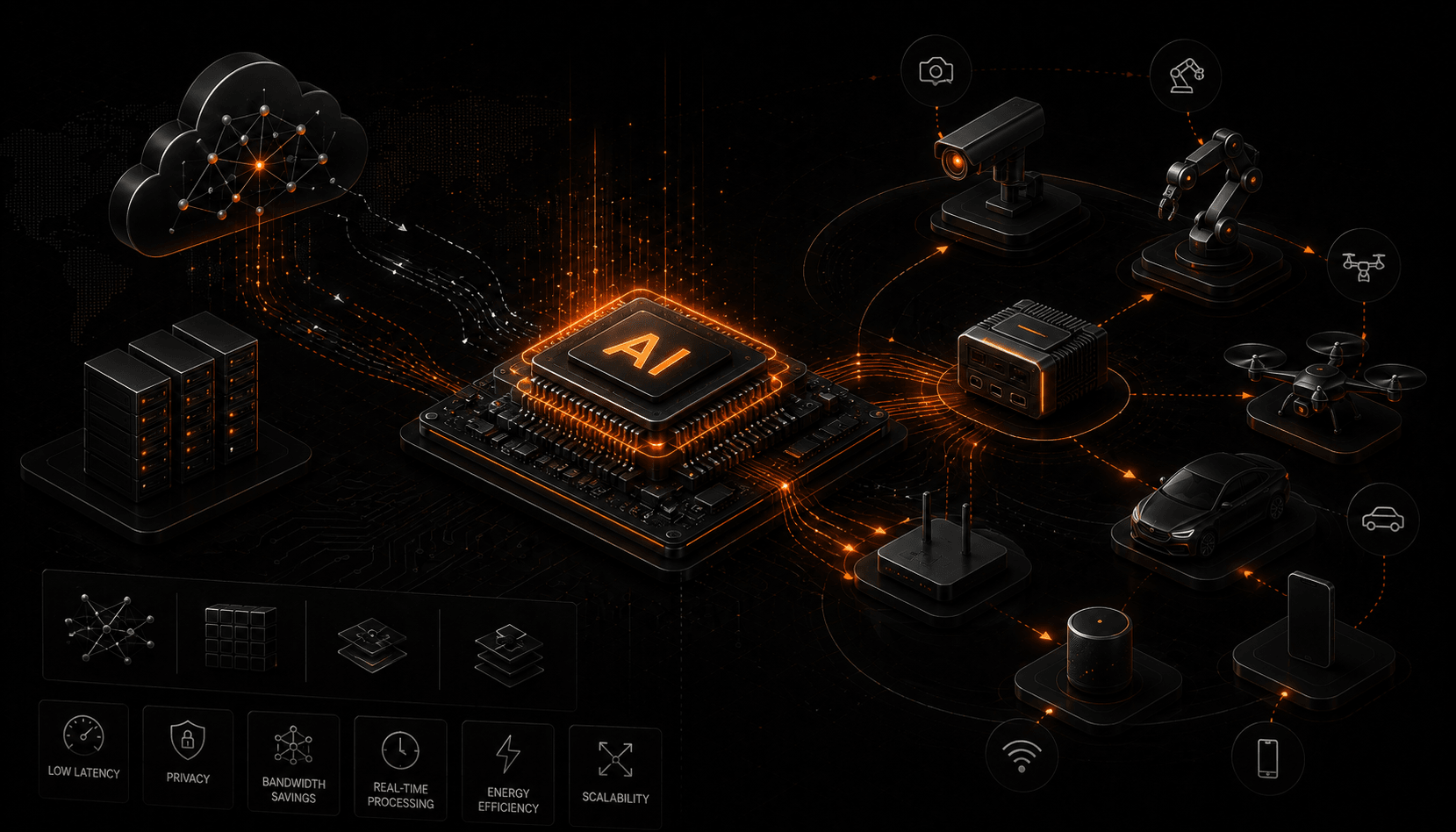 A landscape of AI hardware: a data-centre GPU and a tensor accelerator on one side, and a small edge device with an on-chip neural processing unit on the other, connected by the flow of models from cloud to edge.