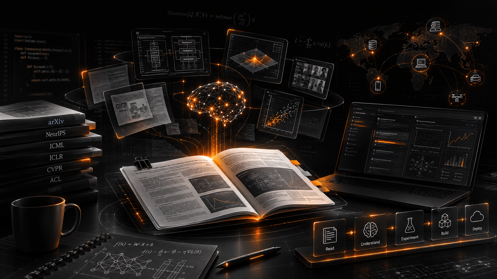A research paper with its abstract, figures, and references highlighted, illustrating a structured three-pass approach to reading rather than reading linearly from start to finish.