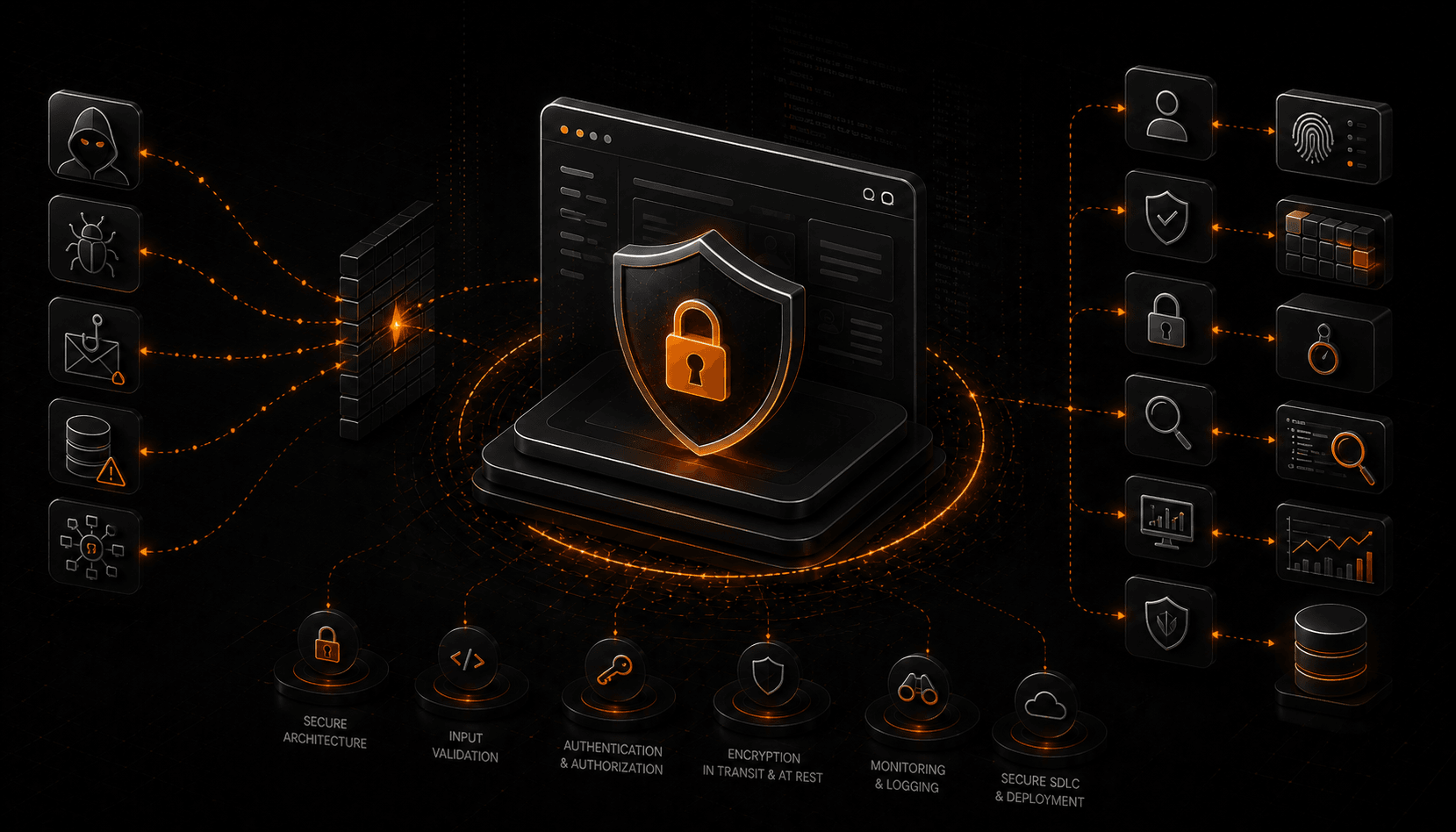 A layered application-security shield showing defensive controls stacked together: input validation, authentication and access control, encryption, dependency scanning, and logging and monitoring.