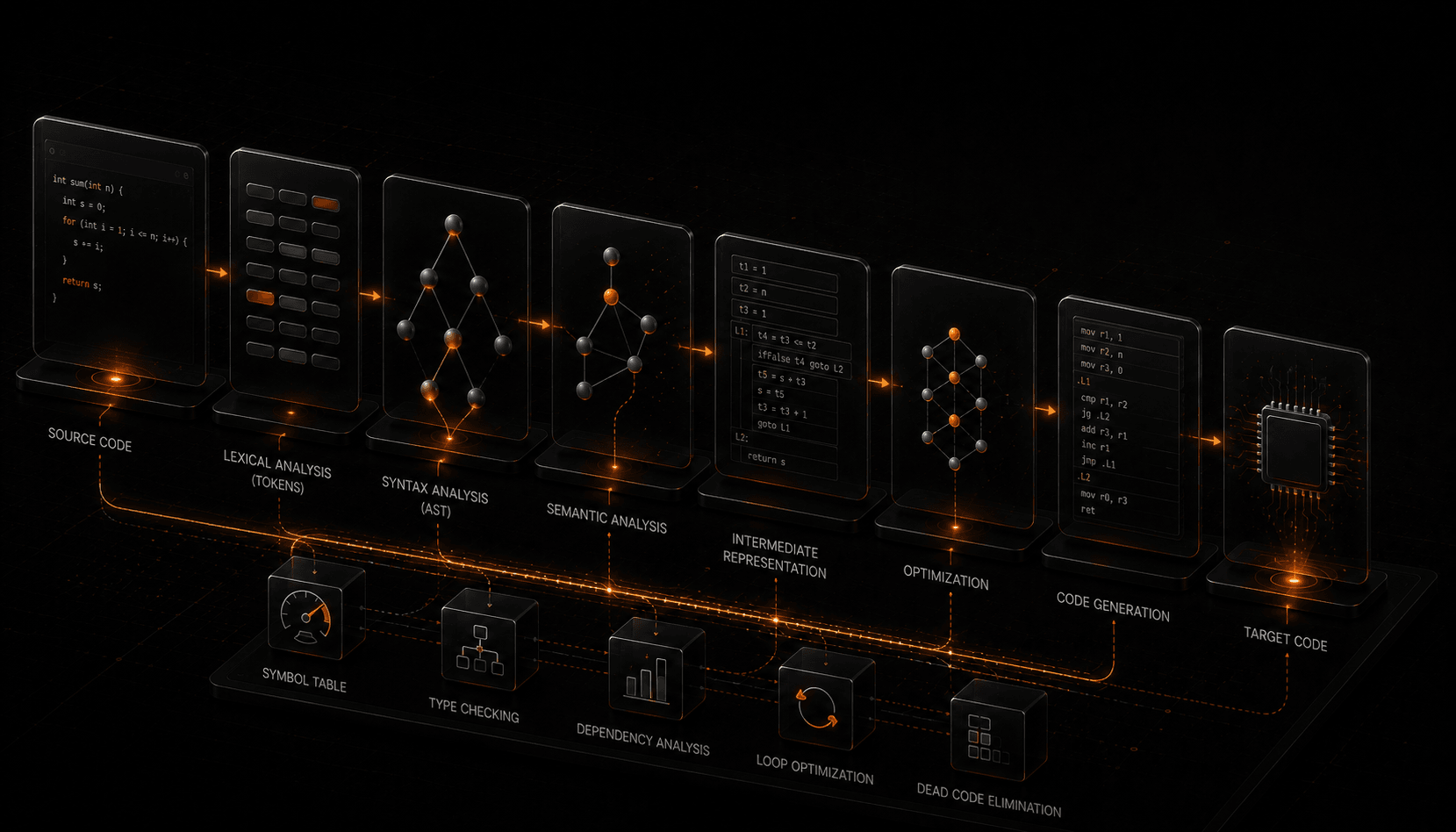 The compiler pipeline: source code flowing through a lexer into tokens, a parser into an abstract syntax tree, semantic analysis, an intermediate representation, an optimizer, and a code generator producing machine code.