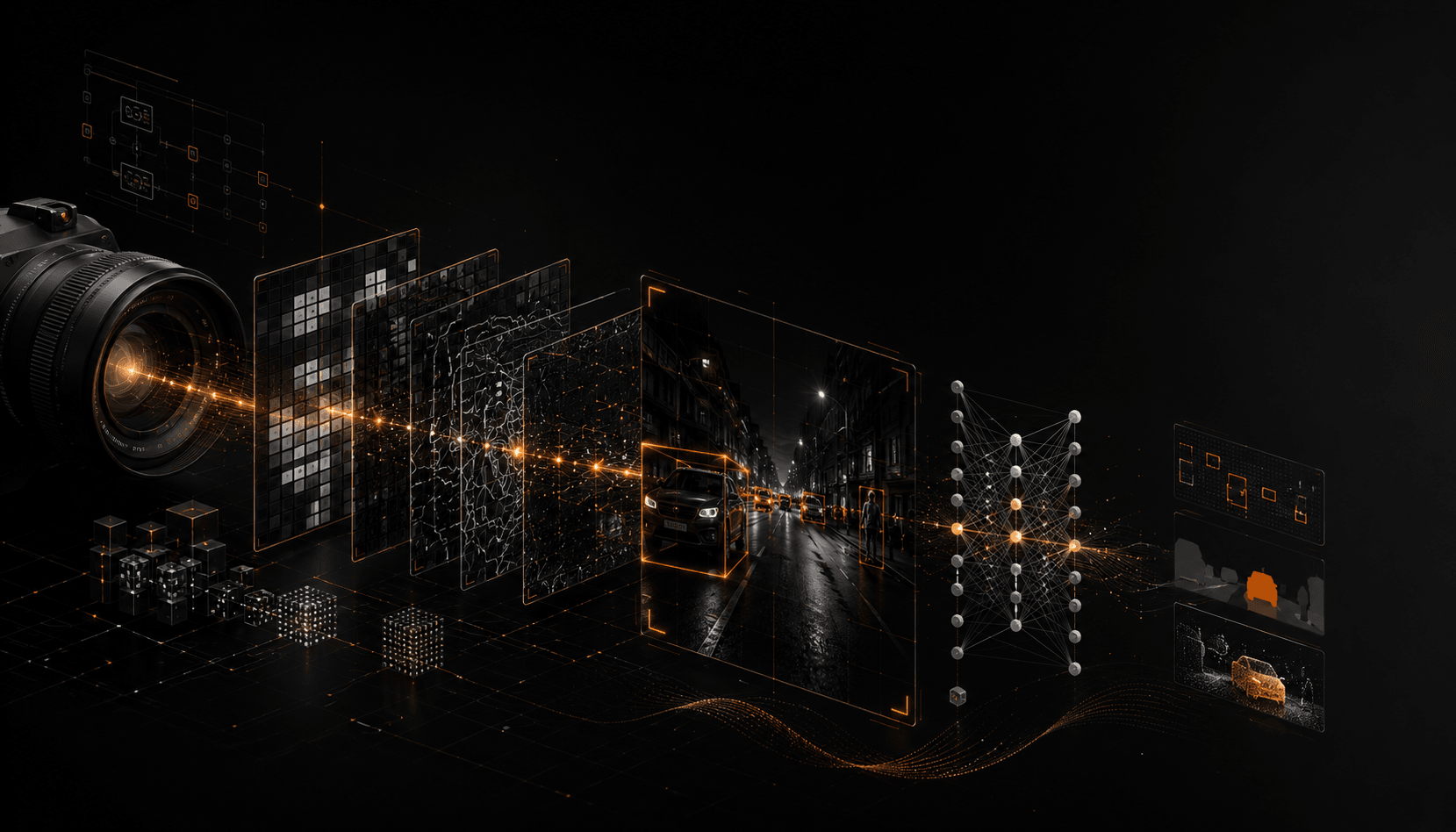 A camera viewing a night street scene through translucent feature-detection planes, with a neural network turning the image into labelled bounding boxes and coloured segmentation masks.