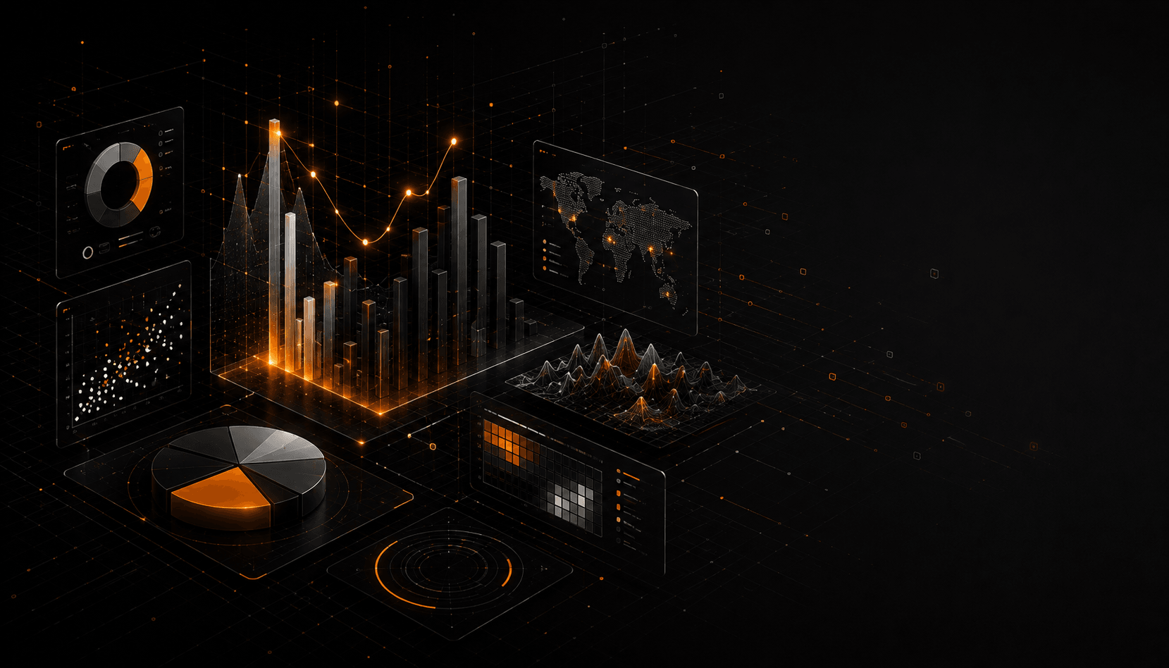 A 3D data-visualisation dashboard: bar charts, a scatter plot, line and donut charts, a world map, a heatmap, and a 3D surface — the kinds of plots that make high-dimensional data, including embedding spaces, legible.