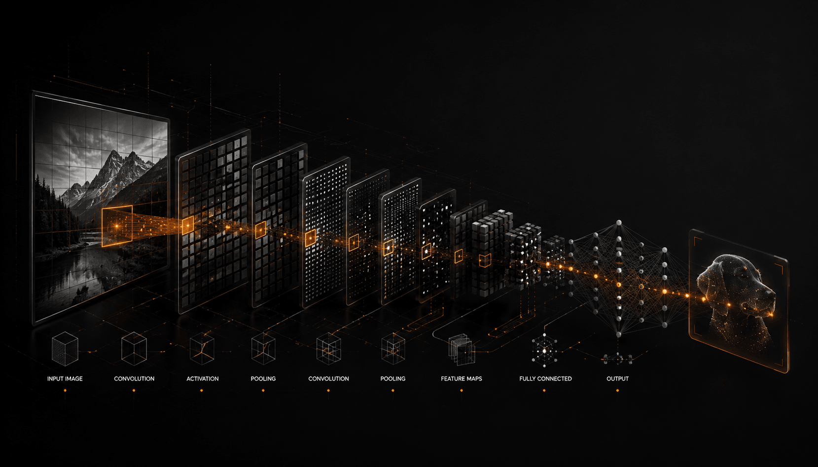 A convolutional neural network diagram: an input image passing through stacked convolution and pooling layers, feature maps growing deeper and smaller, ending in a classifier that outputs a label.