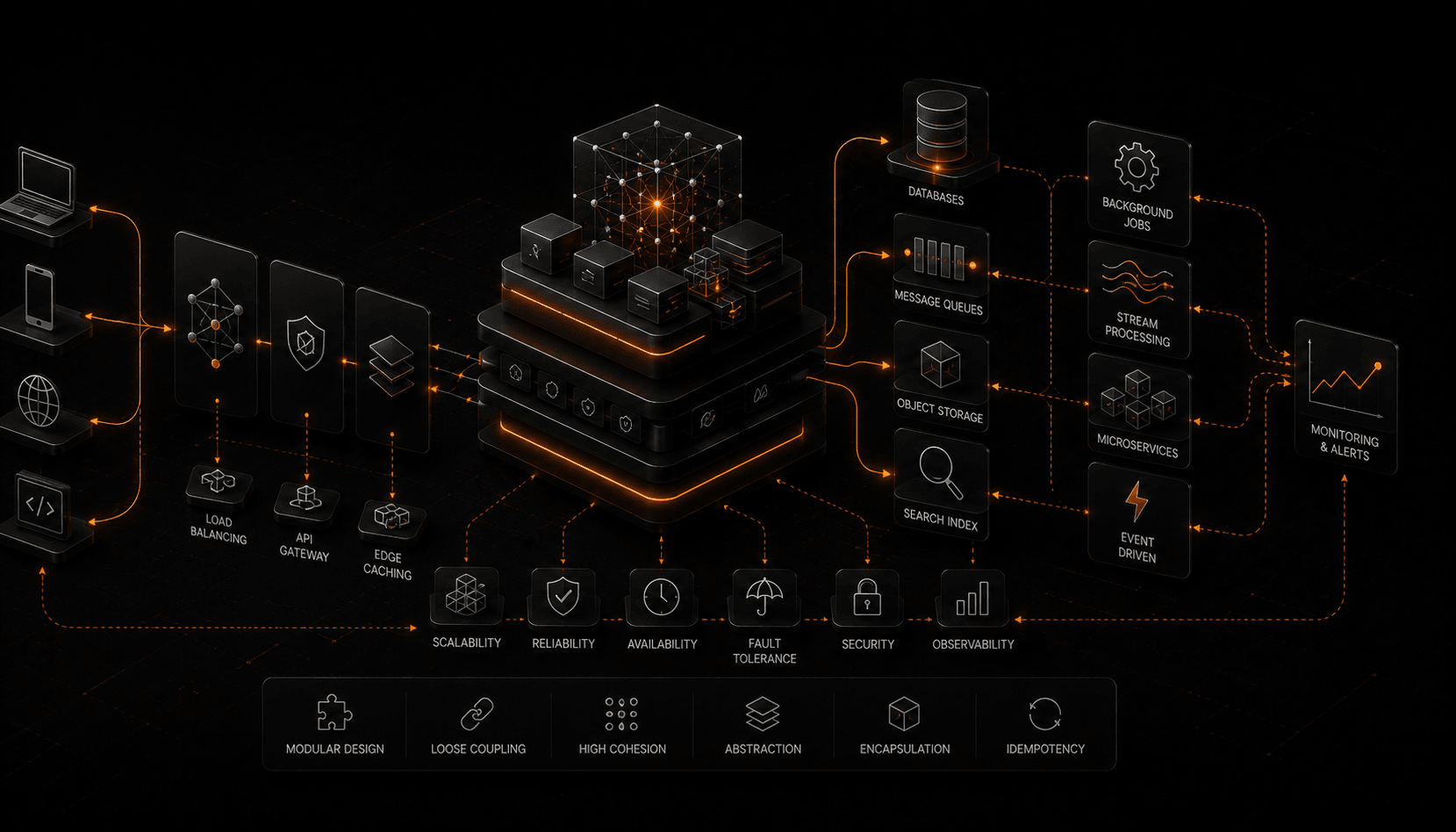 A distributed system diagram: a load balancer fanning requests to replicated application servers, a cache layer, and a partitioned, replicated database, with redundancy at every tier.