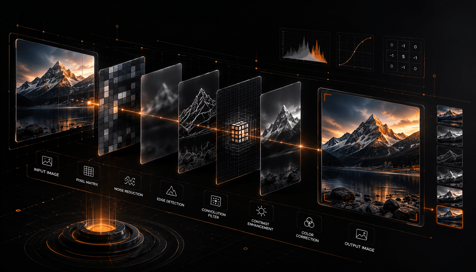 A grid of classical image-processing operations applied to one photo: brightness and contrast adjustment, a blur, an edge-detection result, a threshold into black and white, and a morphological clean-up.