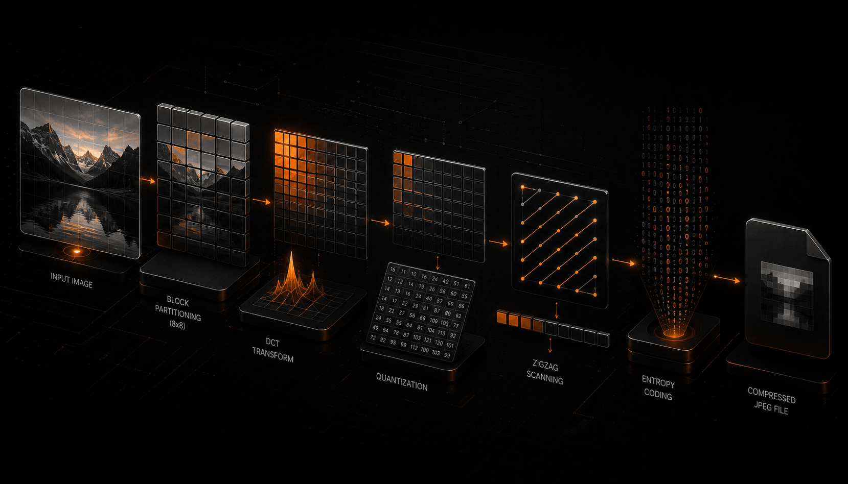 The JPEG pipeline visualised: a photo split into 8x8 blocks, transformed into frequency coefficients, most of them zeroed out by quantization, then packed into a compact bitstream.
