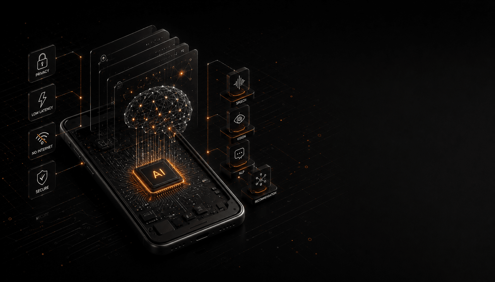 A smartphone running a neural network locally on its own chip, with no connection to the cloud, illustrating on-device AI inference for privacy, low latency, and offline use.
