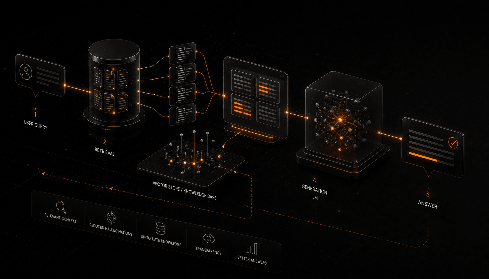 End-to-end RAG flow: a user query triggers retrieval from a vector store / knowledge base; the returned documents are handed to the LLM, which generates an answer grounded in them. Listed benefits: relevant context, reduced hallucinations, up-to-date knowledge, transparency, better answers.