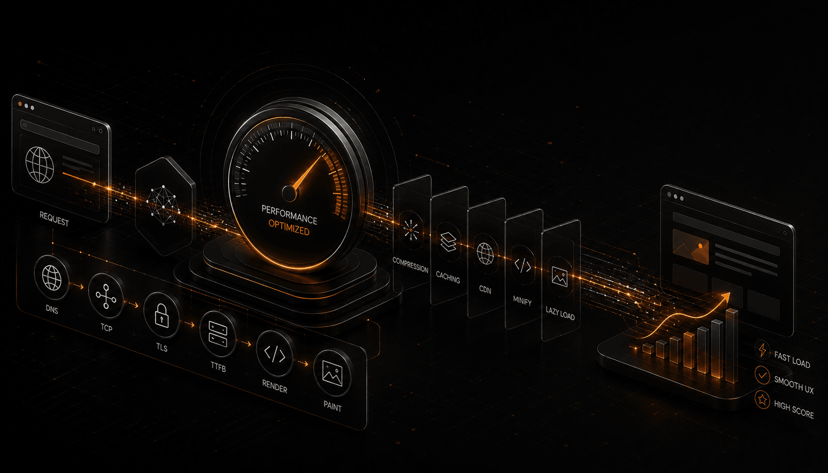 A web-performance dashboard: a page-load waterfall of network requests, a rendering timeline, and the three Core Web Vitals gauges for loading, interactivity, and visual stability.