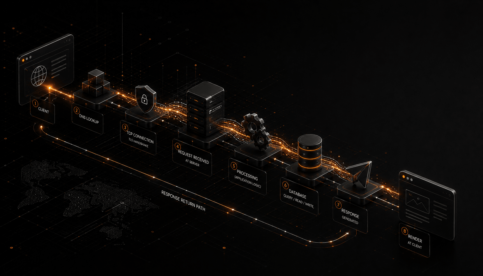 The lifecycle of a web request: a browser resolving a domain through DNS, opening a TCP and TLS connection to a server, exchanging an HTTP request and response, and rendering the returned HTML into pixels.