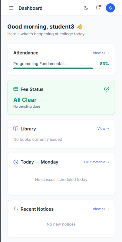 UniCampus ERP student dashboard on mobile