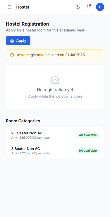 UniCampus ERP hostel registration on mobile