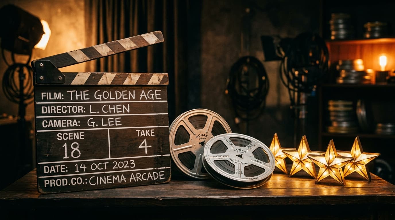 Vintage Movie Clapperboard and Film Reels